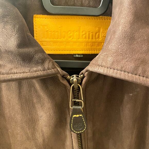 90s Vintage Timberland Dark Brown Cowhide Leather Bomber Jacket Size Large - Picture 4 of 8